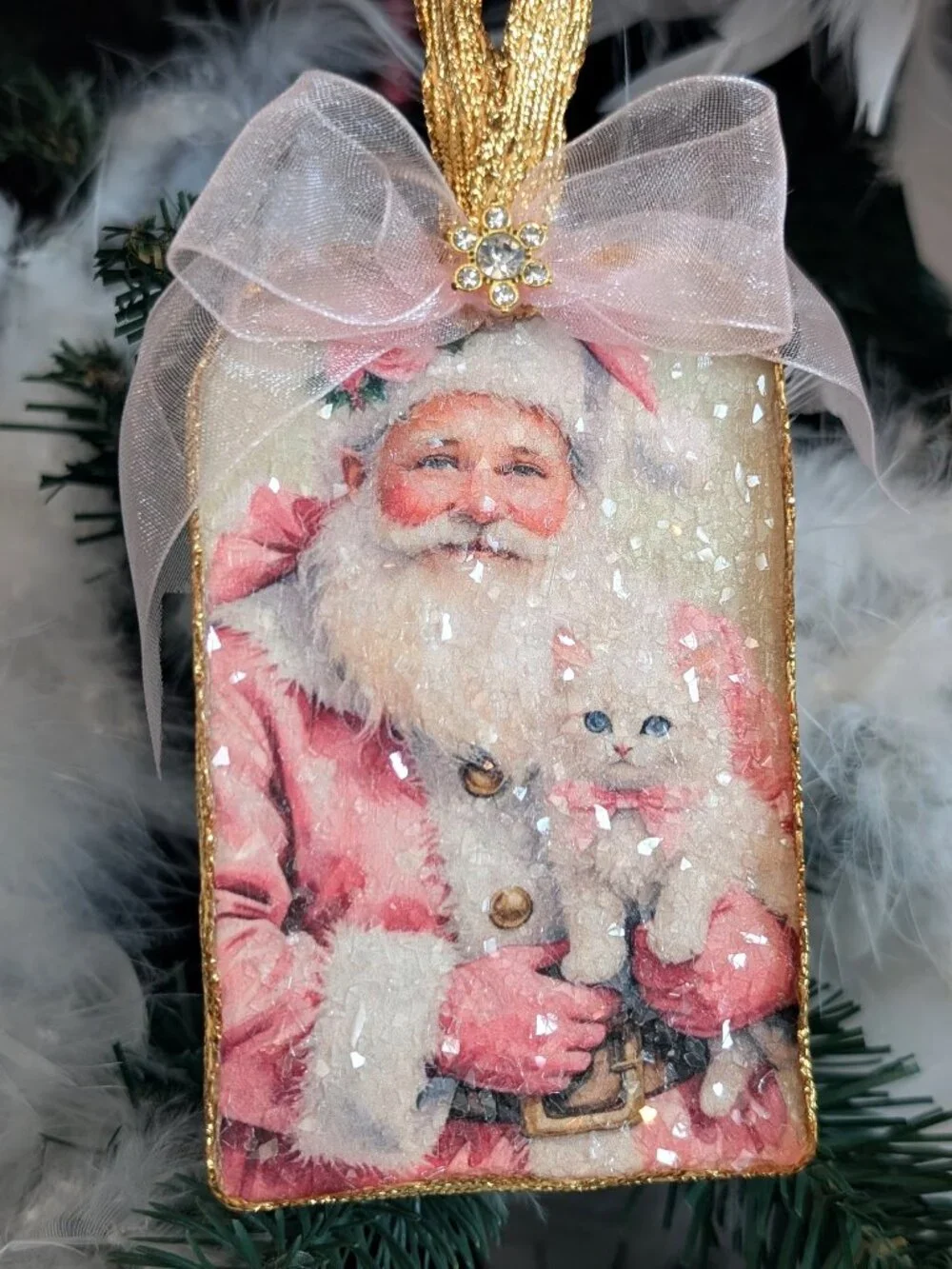 Shabby Chic Decoupage Pink Roses Kitten Glass Glitter Santa Christmas Ornament